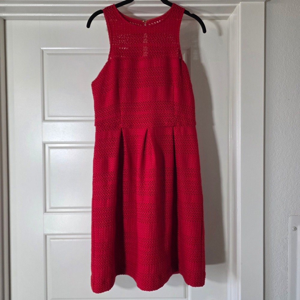 Red Textured Chevron Knit Sleeveless Fit and Flare Pleated Cocktail Dress
